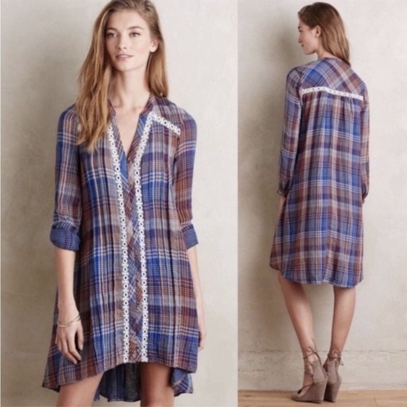 Holding Horses Anita Plaid Roll Sleeve Tunic Lace Trim Shirt Dress Small - Picture 6 of 6